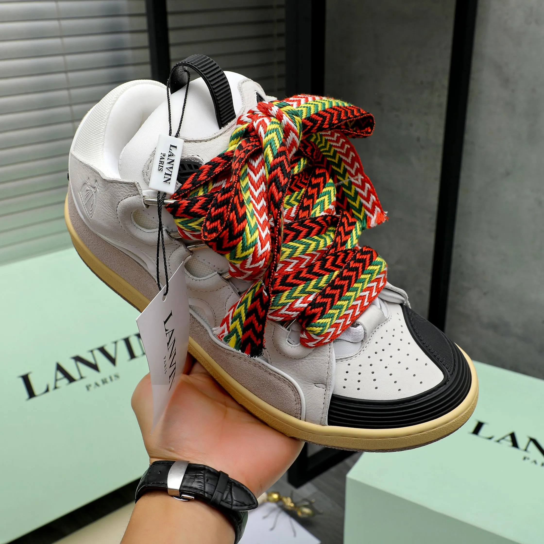 Men's shoes 💰740 [Lanvin] Lanvin high-end quality original couple's casual shoes - Upper: imported pebbled cowhide stitched with breathable mesh - Lining: Lycra elastic lining - Outsole: original rubber outsole - Super high quality control·Fine workmanship: highlighted (high-end·luxury·grade) -Size: 36-45 (45 can be customized)